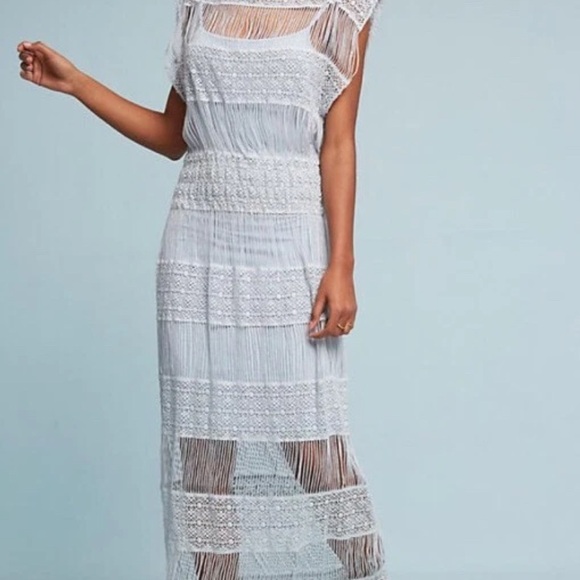 Anthropologie Callahan Fringe Crochet Maxi Dress Baby Blue XS - Picture 1 of 9